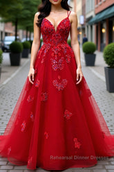 A-line V Neck Spaghetti Straps Long/Floor-Length Tulle Semi Formal Prom Dresses With Appliqued Beading